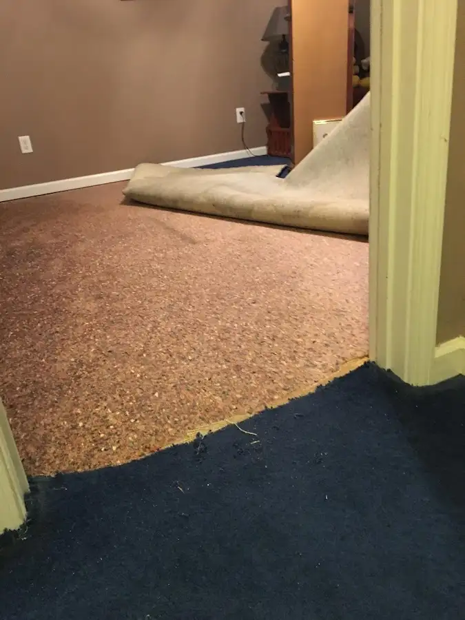 Carpet pad removal revealing water damage during Drying & Dehumidification in Ridgecrest